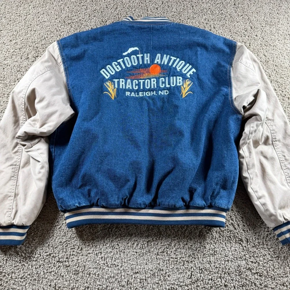 Tri-Mountain Denim Varsity Jacket mens Large Blue Dogtooth‎ Antique Tractor Club